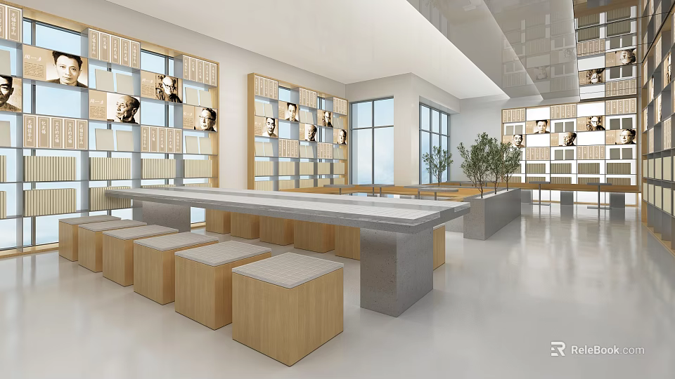 Modern Bright Public Space With Bookshelves Long Table Wooden Stools Windows And Plant 3d model 