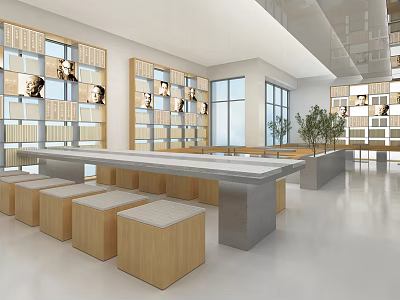 Modern Bright Public Space With Bookshelves Long Table Wooden Stools Windows And Plant 3d model