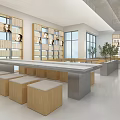 Modern Bright Public Space With Bookshelves Long Table Wooden Stools Windows And Plant