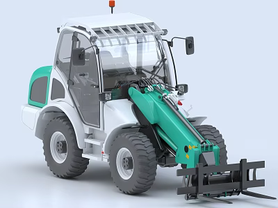 White and Green Utility Vehicle With Large Tires Front Fork Attachment And Orange Warning Light 3d model