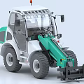 White and Green Utility Vehicle With Large Tires Front Fork Attachment And Orange Warning Light