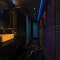 Modern Public Restroom With Black Marble Floors Red Blue Doors And Gold Accent Mirrors