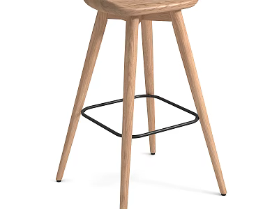 Modern Wooden Bar Stool With Thin Legs And Metal Footrest Design 3d model