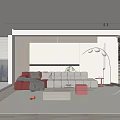 Modern Living Room Interior Design With Red And Gray Sofa Large Window And Floor Lamp