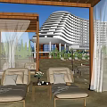 Outdoor Leisure Space With Wicker Loungers Light Cushions Small Table Vase Candles Modern Building