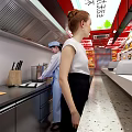 Bright Restaurant Interior With Red Ceiling Blue Menu Board And Wooden Tables Red Chairs