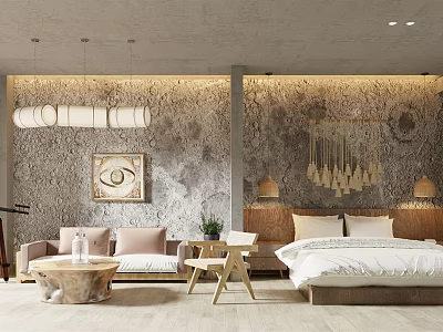 Hotel Room Interior Featuring Modern Design Comfortable Bed Sofa Area And Decorative Wall 3d model