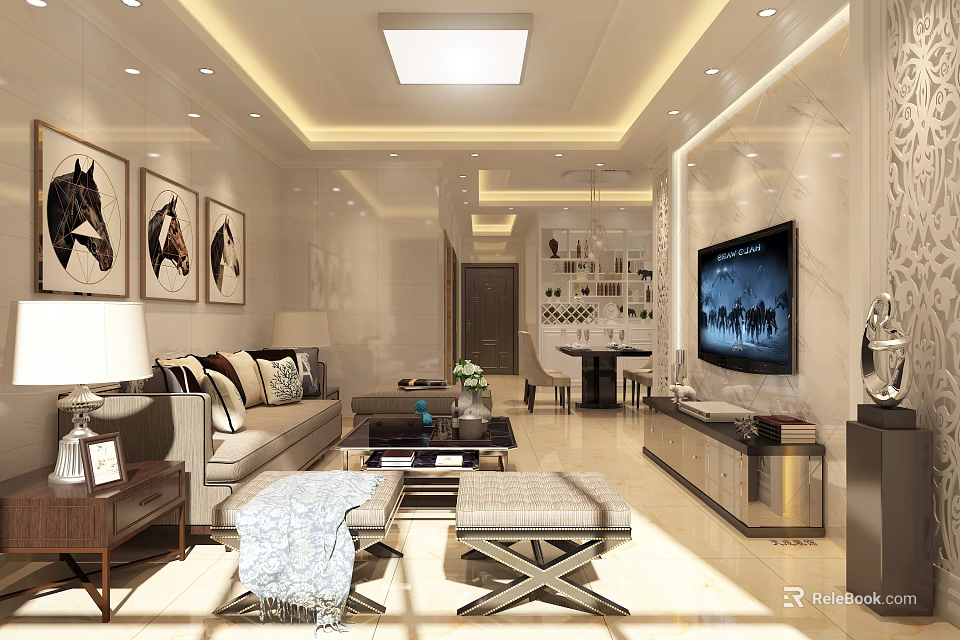 Modern Living And Dining Room Interior With Sofa TV Horse Paintings And Wine Cabinet 3d model 