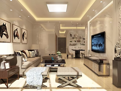 Modern Living And Dining Room Interior With Sofa TV Horse Paintings And Wine Cabinet 3d model