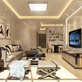 Modern Living And Dining Room Interior With Sofa TV Horse Paintings And Wine Cabinet