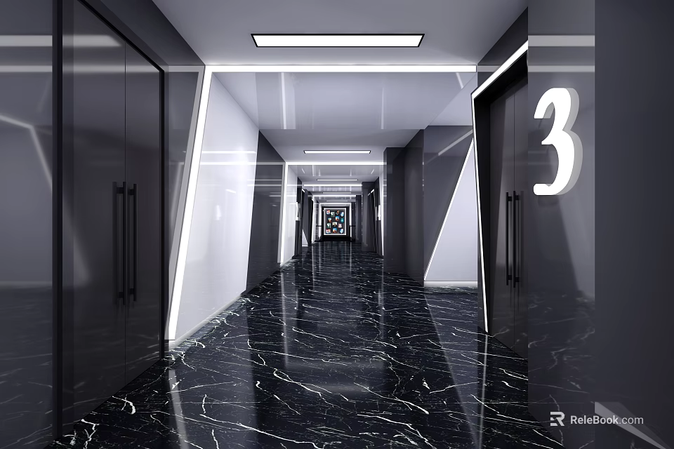Modern Elevator Hallway With Black Marble Floor Doors Number 3 Sign White Ceiling Lights 3d model 