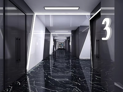 Modern Elevator Hallway With Black Marble Floor Doors Number 3 Sign White Ceiling Lights 3d model
