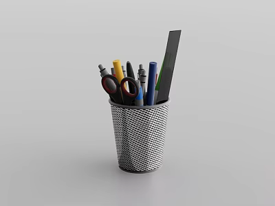 Perforated Black Pen Holder With Colored Pens Scissors Ruler On White Background 3d model