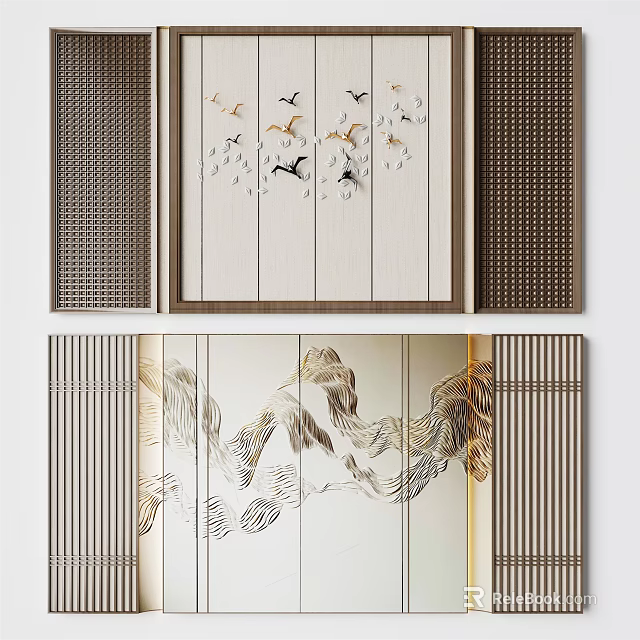 Chinese Style Sofa Background Wall With Landscape Birds And Grids 3d model