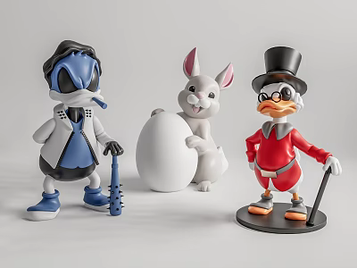 Colorful Cartoon Figurines Including Blue Character Rabbit Holding Egg And Red Duck With Top Hat 3d model