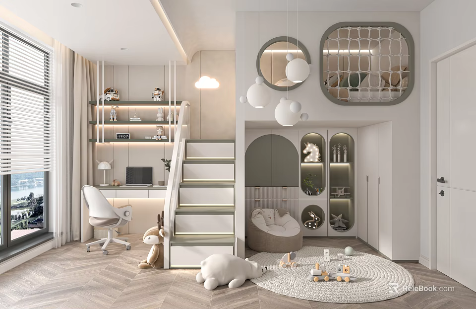 Kids Room Interior Design with Staircase Study Desk Storage Shelves Pendant Lights and Play Rug 3d model 