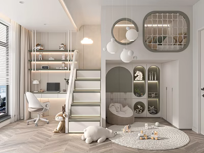 Kids Room Interior Design with Staircase Study Desk Storage Shelves Pendant Lights and Play Rug 3d model