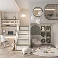 Kids Room Interior Design with Staircase Study Desk Storage Shelves Pendant Lights and Play Rug