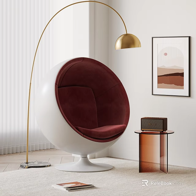 Burgundy White Round Lounge Chair With Gold Arc Floor Lamp And Decorative Wall Art 3d model 