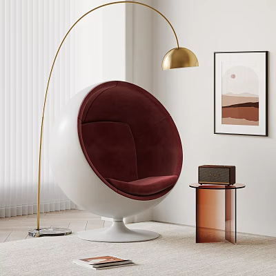 Burgundy White Round Lounge Chair With Gold Arc Floor Lamp And Decorative Wall Art 3d model