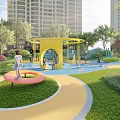Kids Play Area with Colorful Ground Circle of All Life Text Play Structures and Trees
