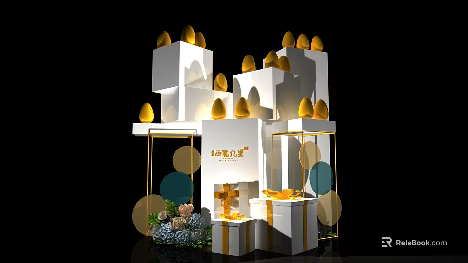 White Geometric Display Installation With Gold Eggs Gift Boxes And Flowers 3d model 