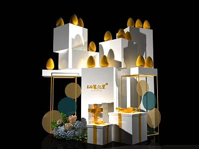 White Geometric Display Installation With Gold Eggs Gift Boxes And Flowers 3d model