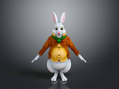Cute White Rabbit Cartoon Character Wearing Brown Coat And Green Bow Tie 3d model