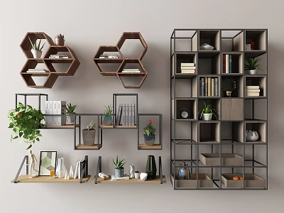 Modern Hexagonal And Metal Frame Bookcases With Multi Tiered Shelves Books Plants And Decor 3d model