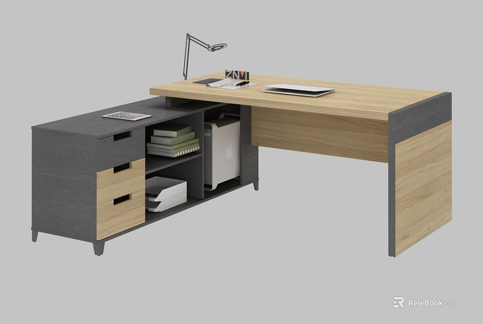Functional Modern Wooden Office Desk With Gray Drawers Bookshelf Desk Lamp And Laptop 3d model 