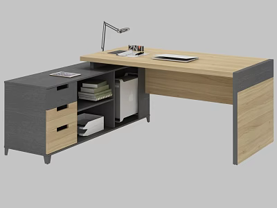 Functional Modern Wooden Office Desk With Gray Drawers Bookshelf Desk Lamp And Laptop 3d model