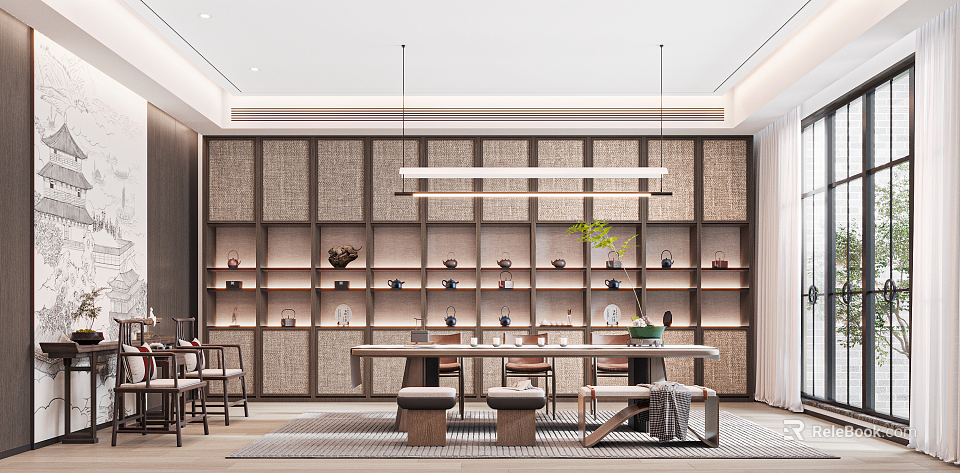 Traditional Tea Room Interior Design With Wooden Table Chairs Shelves Teapots Hanging Lights And Decorative Plant 3d model 