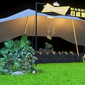 Park Landscape With Golden Arched Decoration Illuminated Lines Lawn Tent Black Carpet Path And Lights