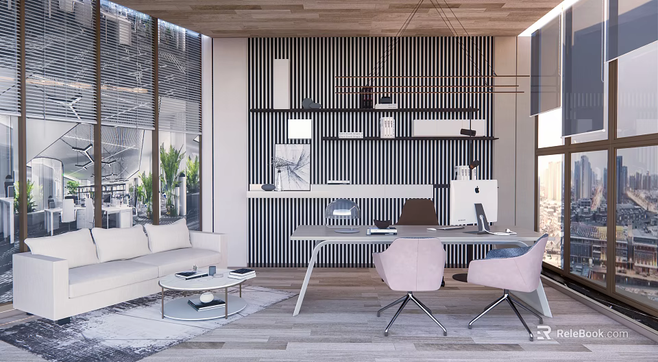 Modern Office Interior Design With Wooden Ceiling Striped Wall Desk Computers And Chairs 3d model 