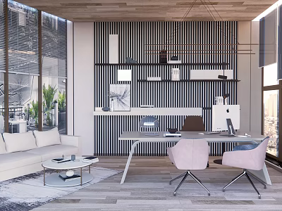 Modern Office Interior Design With Wooden Ceiling Striped Wall Desk Computers And Chairs 3d model