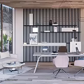 Modern Office Interior Design With Wooden Ceiling Striped Wall Desk Computers And Chairs