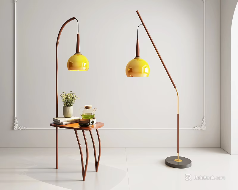 Modern Floor Lamp with Yellow Shade Brown Pole and Small Table Books Vase in Interior 3d model 