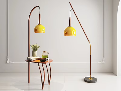 Modern Floor Lamp with Yellow Shade Brown Pole and Small Table Books Vase in Interior 3d model