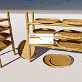 Bamboo Display Shelves with Multiple Tiers and Round Woven Bamboo Trays