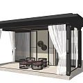 Modern Garden Pavilion With Black Roof White Curtains Interior Table Chairs And Circular Wall Decor