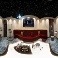 Modern KTV Interior With Starry Ceiling Large Screen TV Song Selection Console And Red Sofa