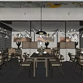 Traditional Japanese Restaurant Interior With Wooden Tables Chairs Hanging Lamps And Wall Art