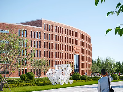 Red Brick School Building With Curved Design Windows Green Lawn White Sculpture And Trees Surroundings 3d model