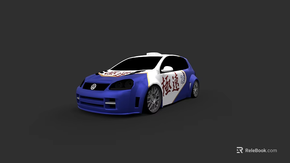 Blue And White Volkswagen Sporty Hatchback With Speed Graphics On Body 3d model 