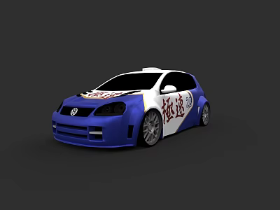 Blue And White Volkswagen Sporty Hatchback With Speed Graphics On Body 3d model