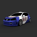 Blue And White Volkswagen Sporty Hatchback With Speed Graphics On Body