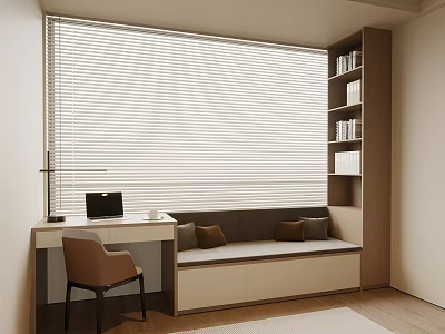 Modern Bay Window Seat with Desk Laptop Blinds Bookshelf and Cushions 3d model