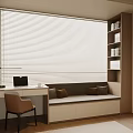 Modern Bay Window Seat with Desk Laptop Blinds Bookshelf and Cushions