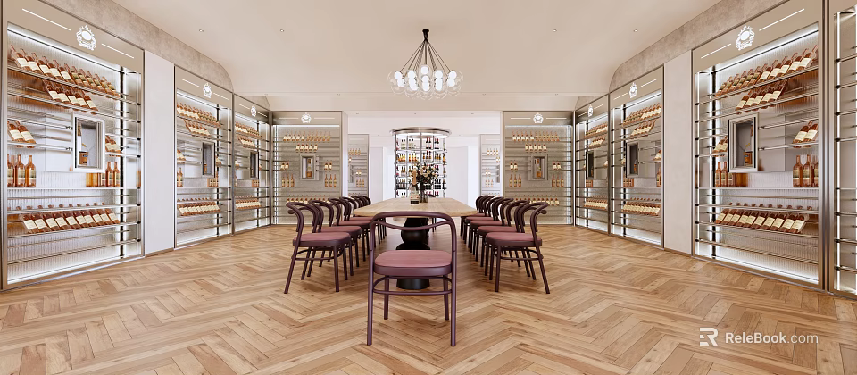 Modern Wine Cellar With Wine Racks Long Table Pink Cushion Chairs Chandelier Herringbone Floor 3d model 
