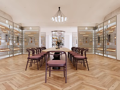 Modern Wine Cellar With Wine Racks Long Table Pink Cushion Chairs Chandelier Herringbone Floor 3d model